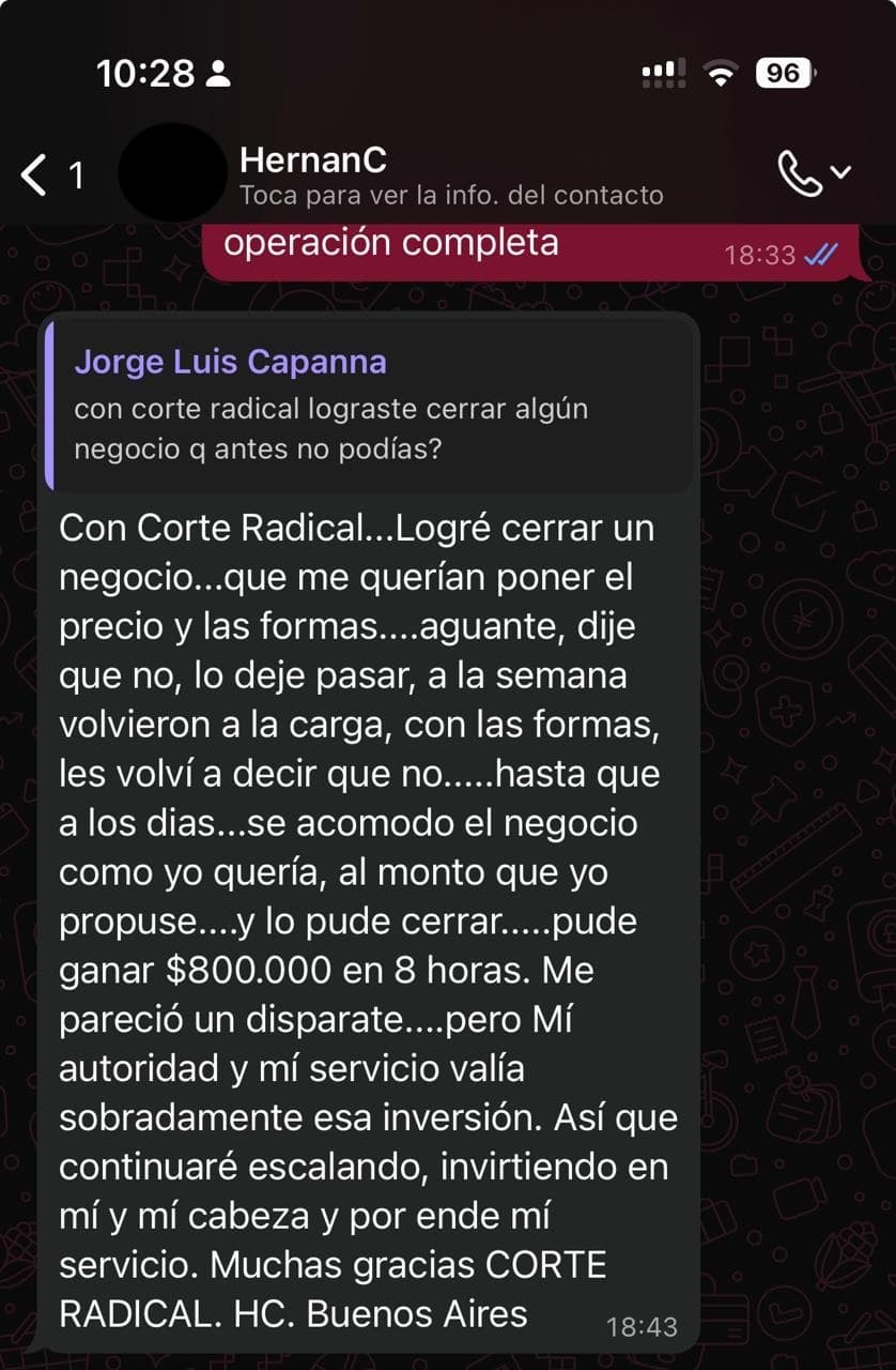 Captura de WhatsApp: Hernán cuenta que le querían poner el precio y las formas, dijo que no dos veces, y el negocio terminó cerrándose al monto que él propuso: pudo ganar $800.000 en 8 horas.